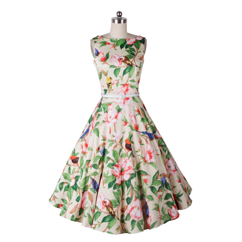 Retro floral and bird dress (Size S)